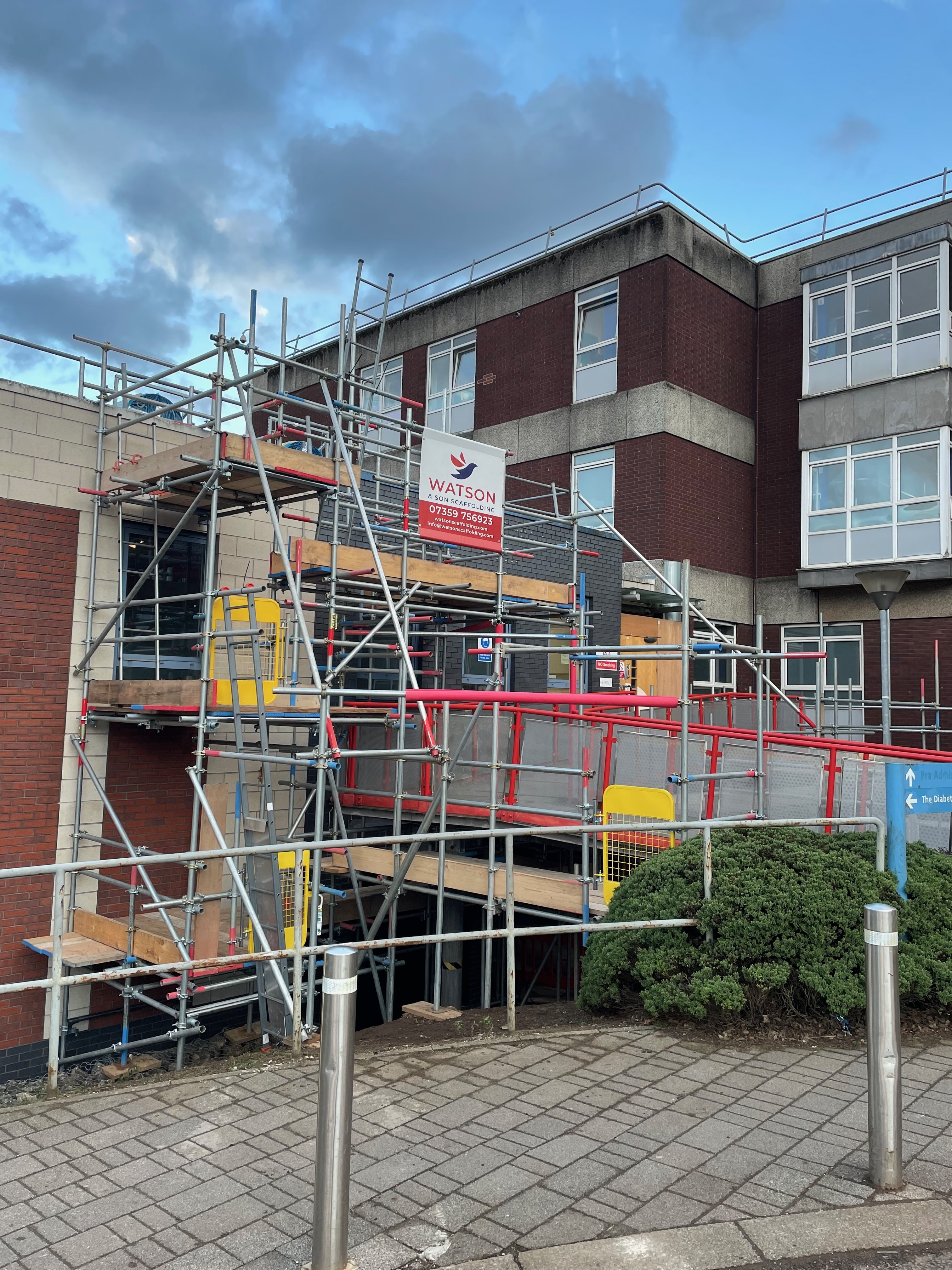 Scaffolding around pedestrian bridge at Rotherham General Hospital